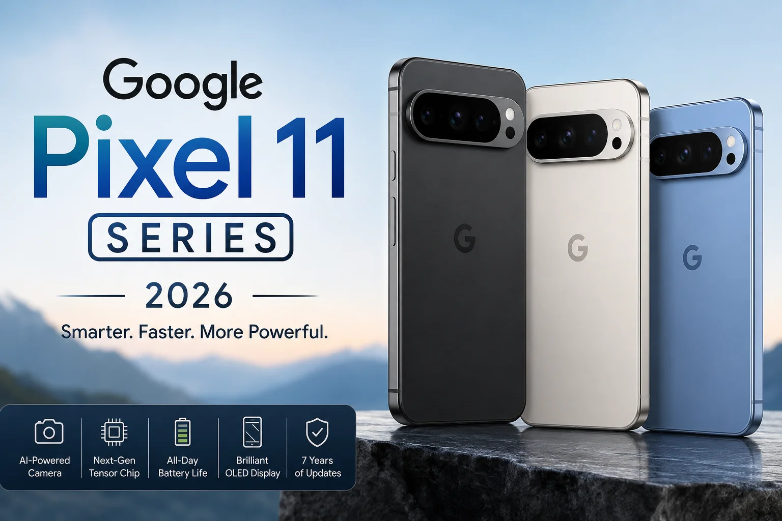 Google Pixel 11 Pro in hazel gold displaying its 100MP triple camera system, Tensor G6 chip, and Gemini Nano 2 AI