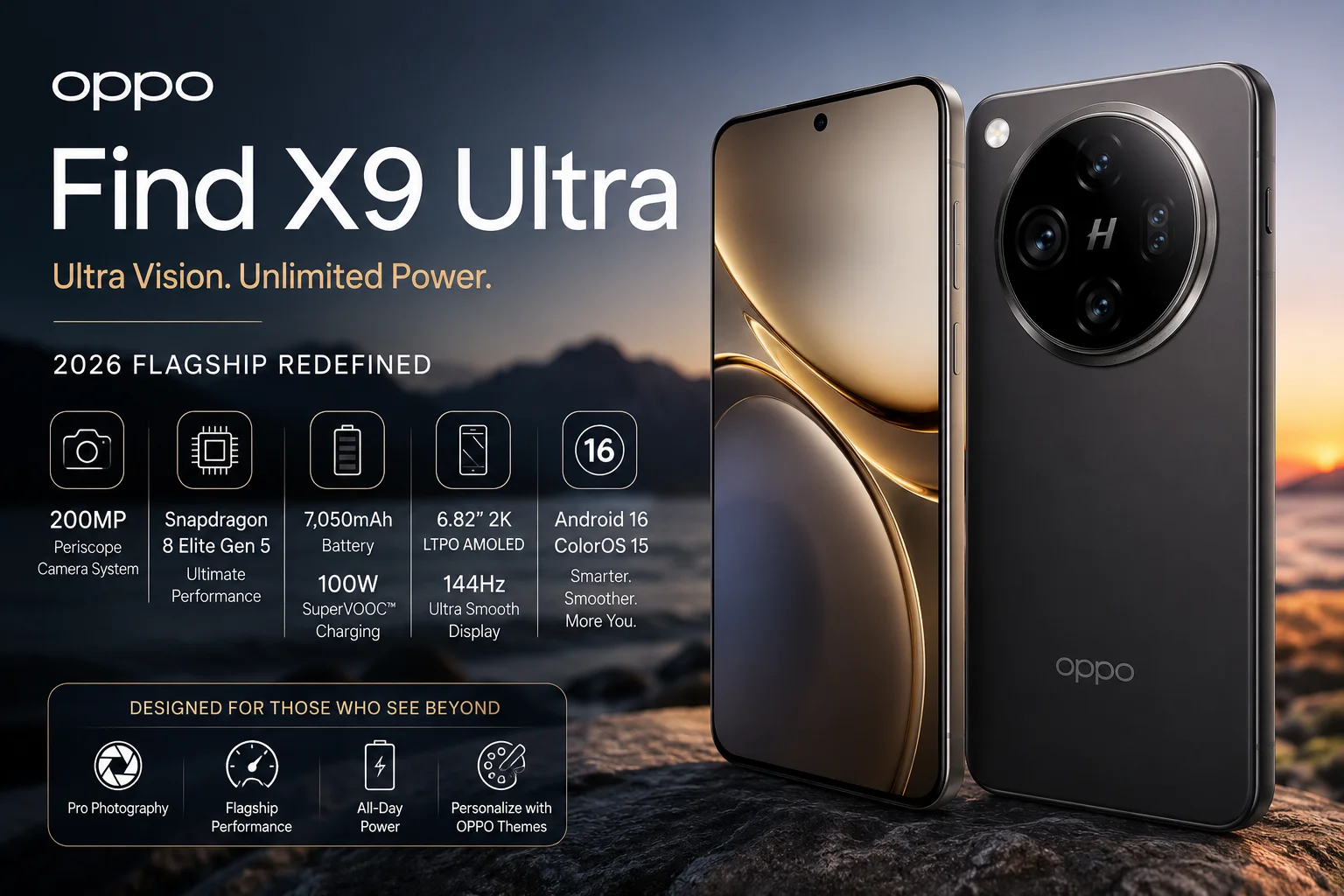 OPPO Find X9 Ultra flagship smartphone in dark grey showcasing its 200MP periscope camera system and curved display