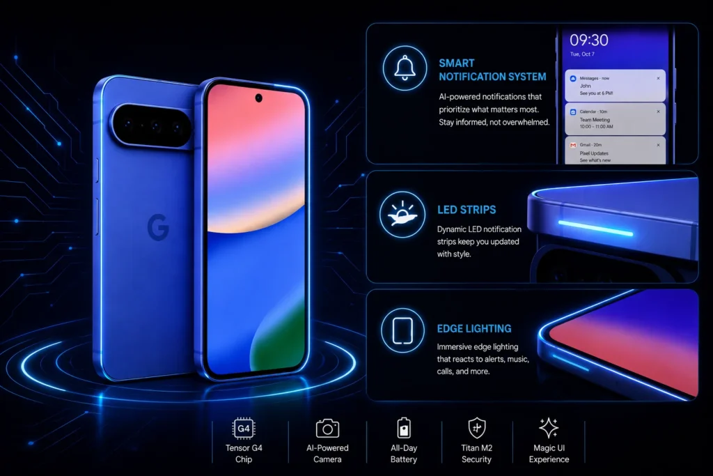 Google Pixel 11 showing HiLight, LED strips and edge lighting features