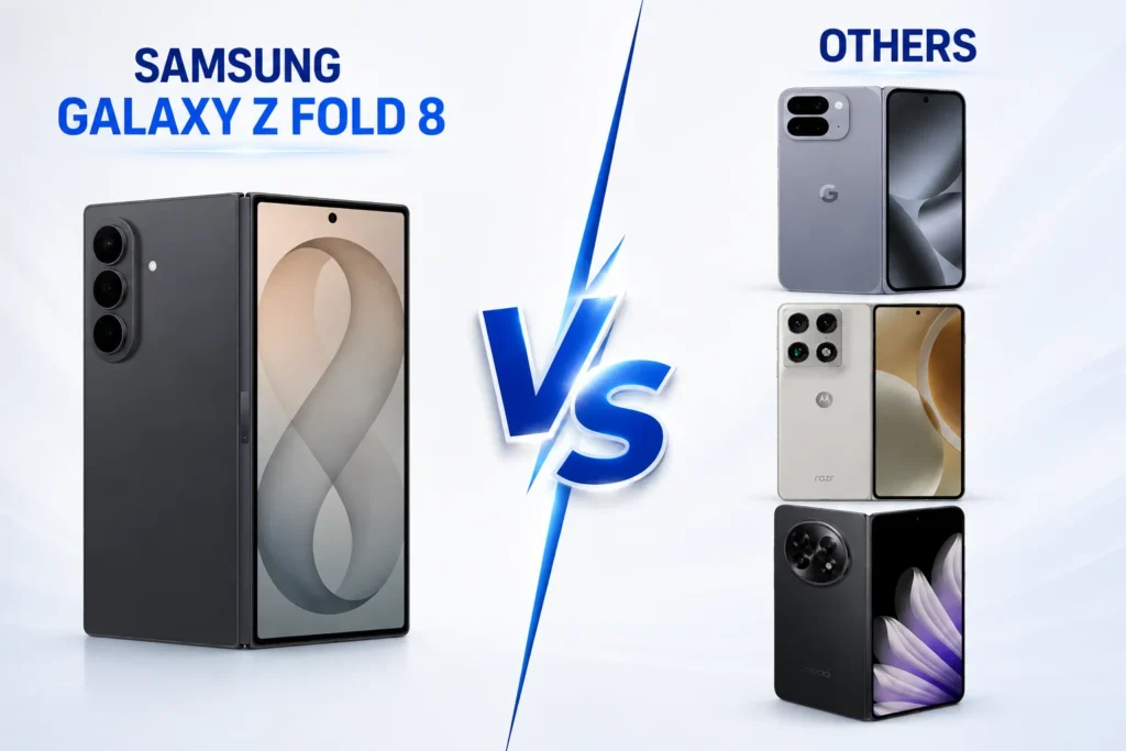 Samsung Galaxy Z Fold 8 compared with Google Pixel 10 Pro, Motorola Razr Fold, and Oppo Find N5 on a clean blue and white background with a vertical VS divider.