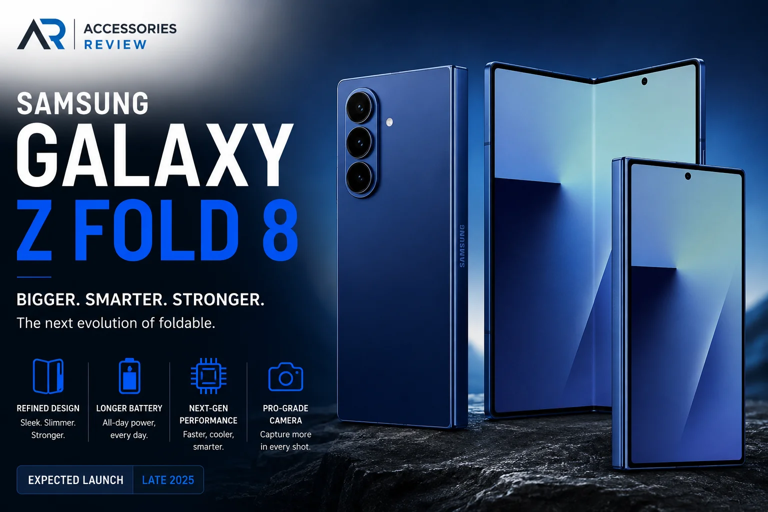 Samsung Galaxy Z Fold 8 concept render with front, rear, and unfolded display showing expected 2025 design.
