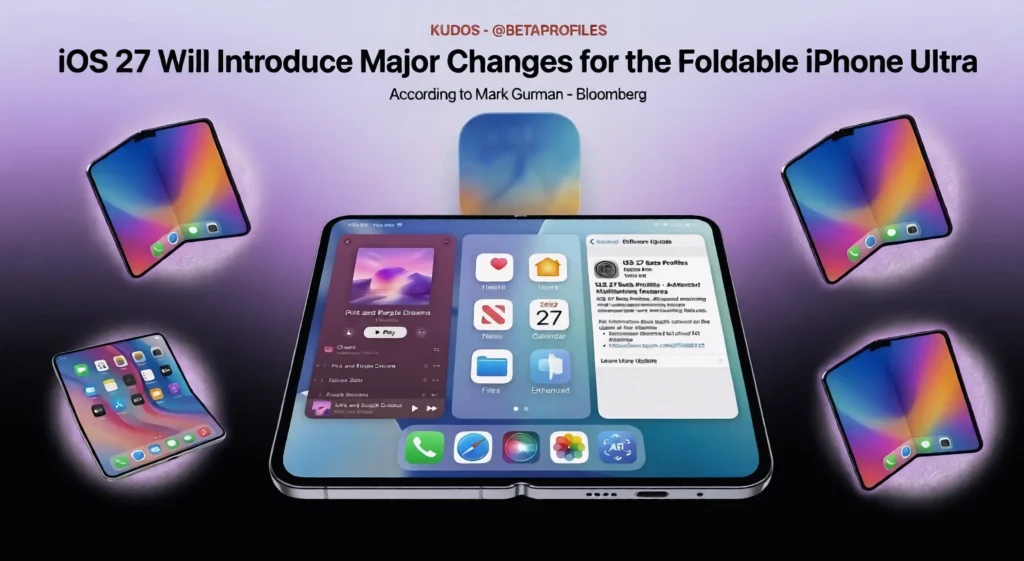 Mockup of Apple foldable iPhone Ultra displaying iOS 27 features and rumored changes by Mark Gurman on a purple background