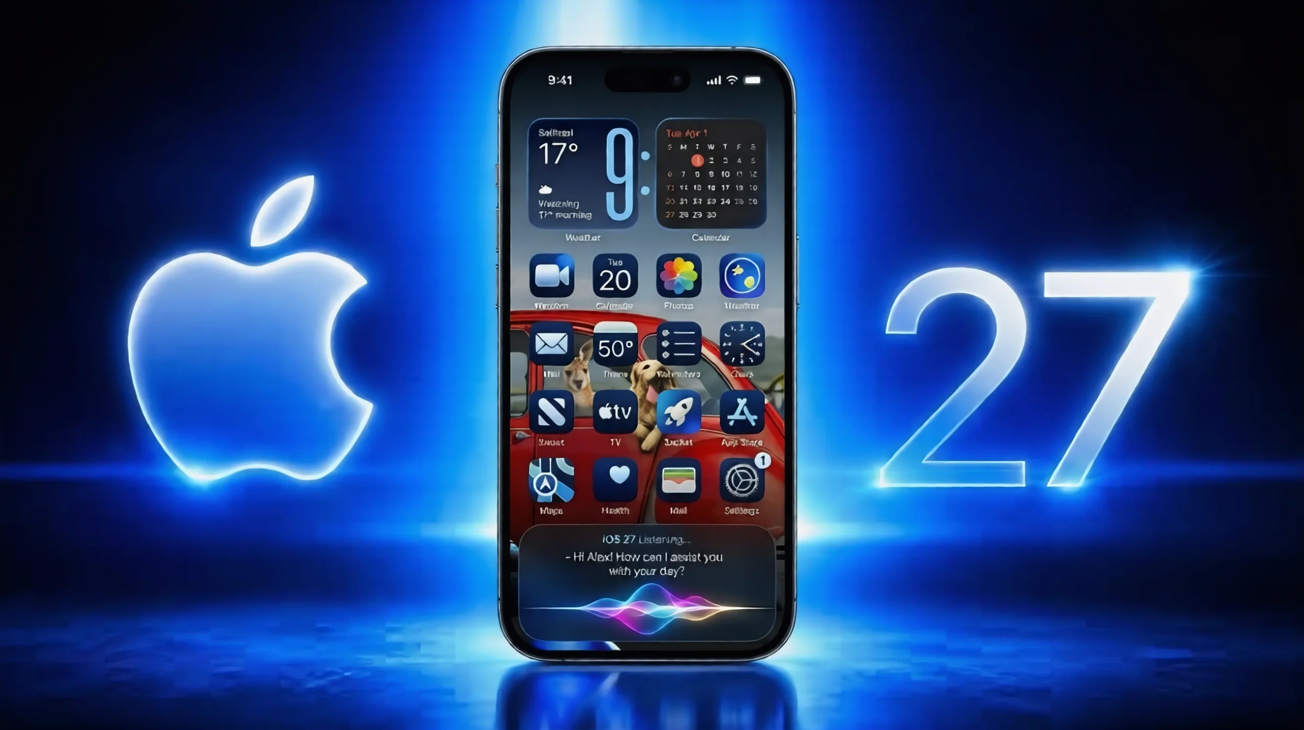 iPhone displaying iOS 27 features and leaks mockup with a glowing neon number 27 and blue light effects