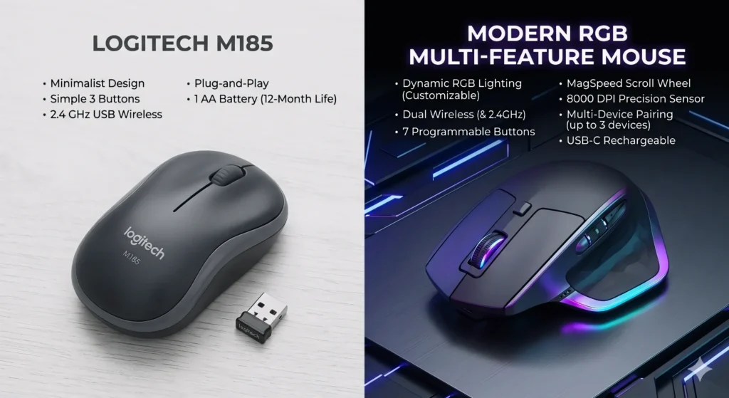 A side-by-side specification comparison diagram showing the minimalist 3-button Logitech M185 wireless mouse next to a modern multi-feature RGB wireless mouse with 7 programmable buttons.