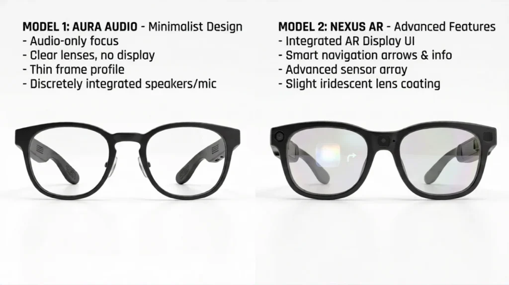 Side-by-side product feature comparison diagram between Model 1 Aura Audio minimalist Android XR smart glasses and Model 2 Nexus AR advanced feature glasses.