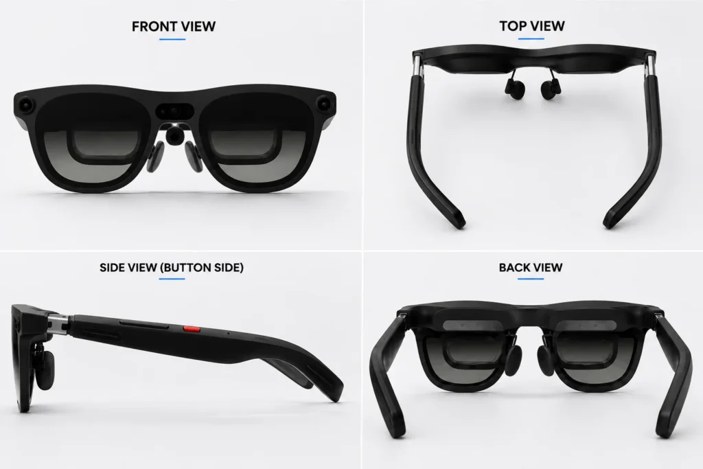 XREAL AURA Android XR glasses shown from front, top, side button, and back views.