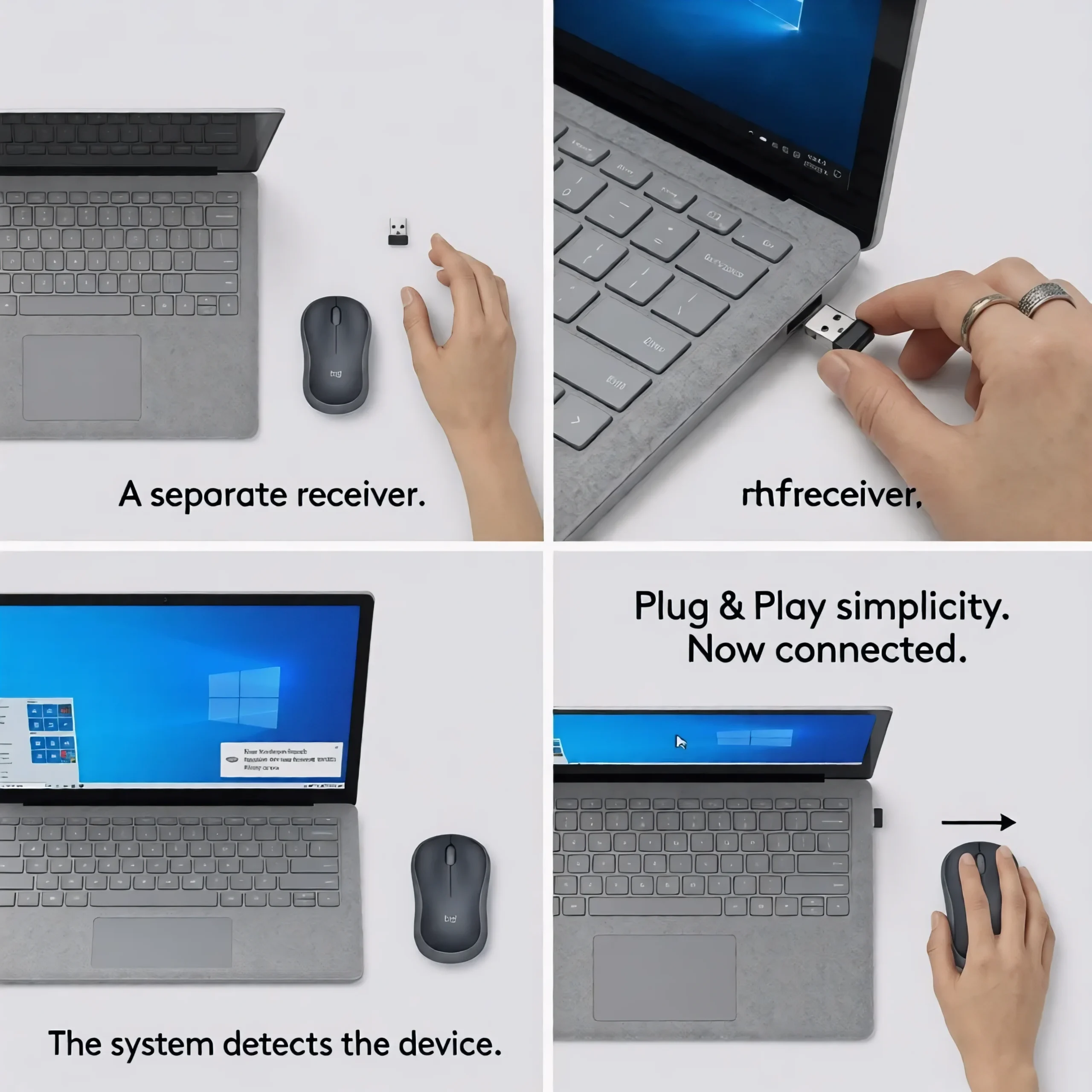 A four-step instructional diagram showing how to connect a Logitech M185 wireless mouse by inserting the separate USB receiver into a laptop to allow the Windows system to automatically detect the device.