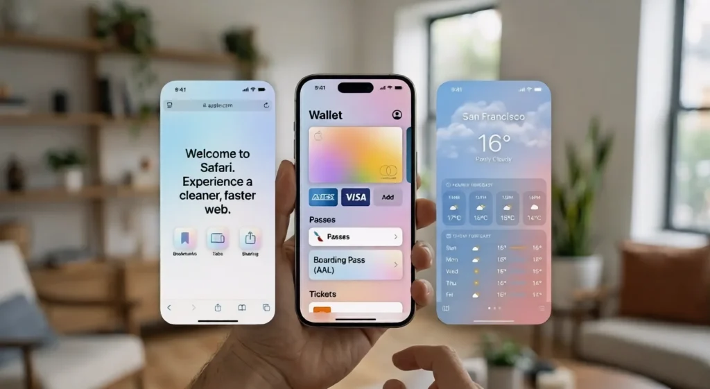 Apple iOS 27 application redesign concepts including updated UI for Safari browser, Apple Wallet passes, and Weather forecasts