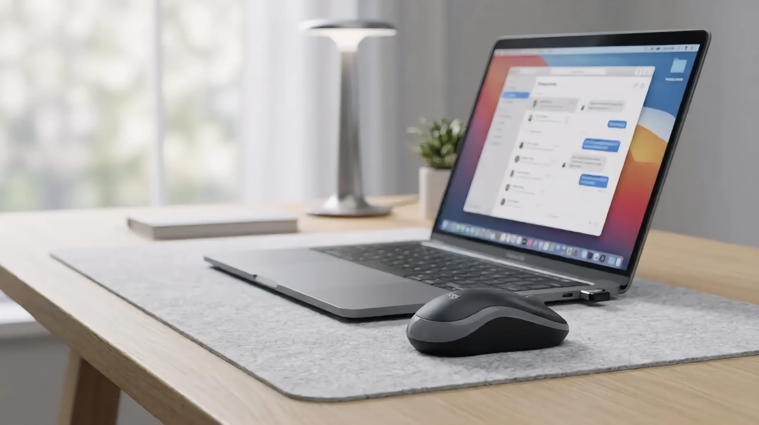 A grey and black Logitech M185 wireless mouse resting on a grey felt desk mat next to an open Apple MacBook laptop in a modern, brightly lit home office.