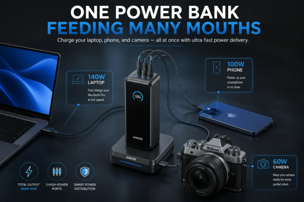 Anker Prime 300W power bank charging a MacBook laptop, iPhone, and Nikon camera simultaneously with three high-power USB-C ports and smart power distribution.