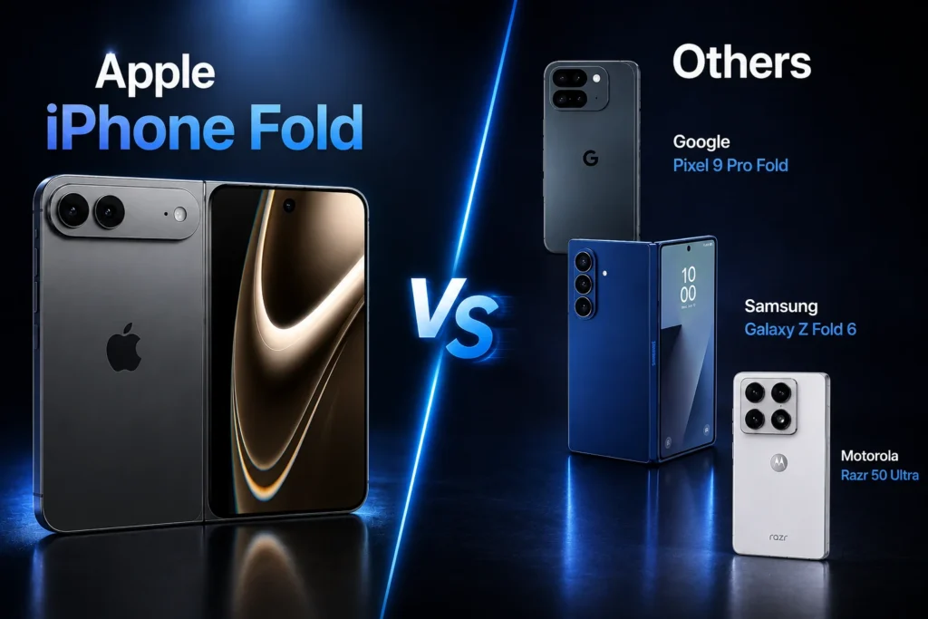 Apple iPhone Fold compared with Samsung Galaxy Z Fold 8, Google Pixel 11 Pro Fold, and Motorola Razr Fold.