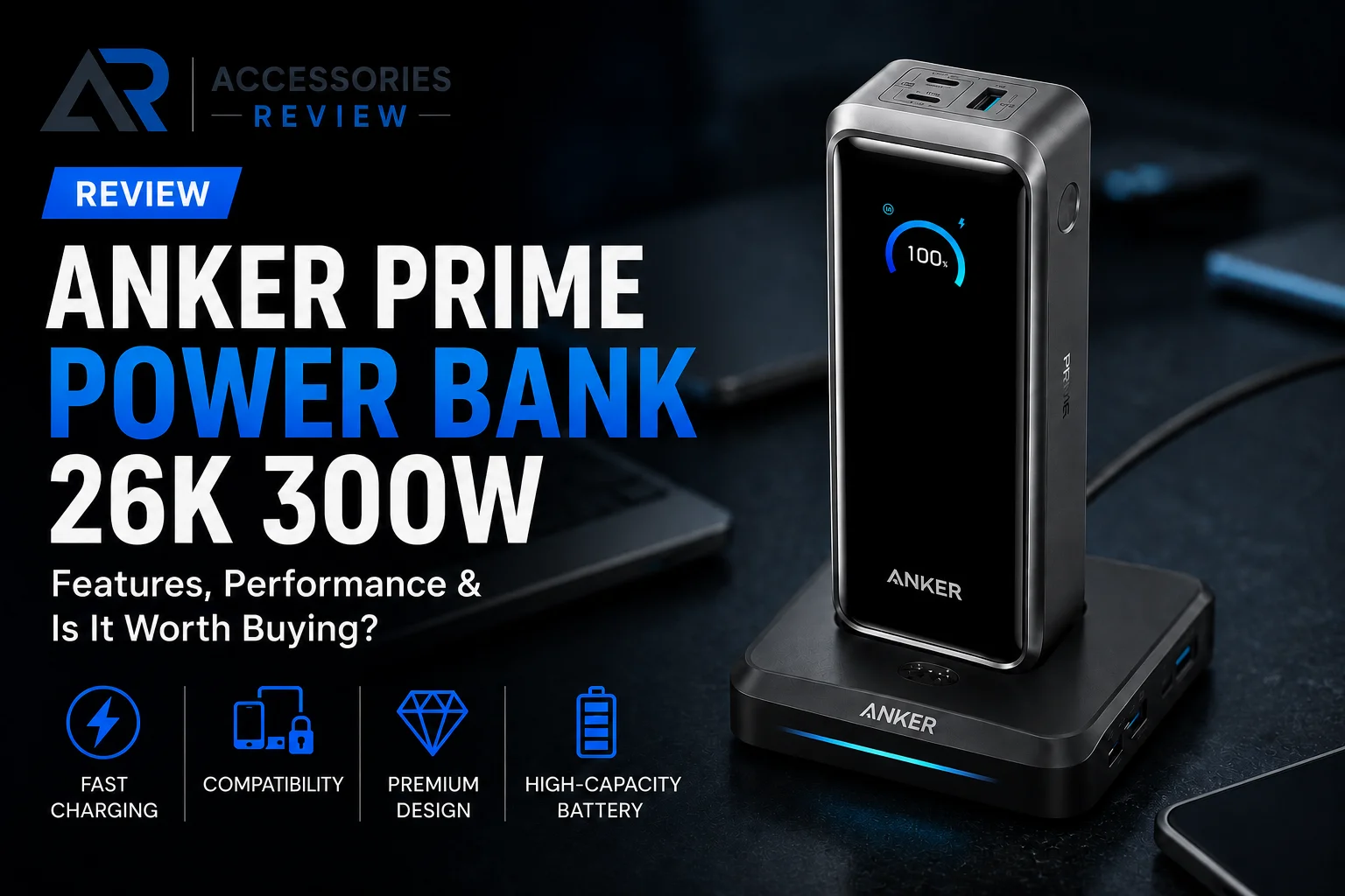 Hero image of the Anker Prime Power Bank 26K 300W on its charging base, highlighting fast charging, high-capacity battery, premium design, and multi-device compatibility.