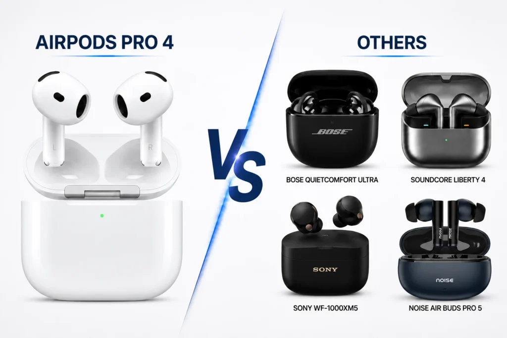Comparison image showing the Apple AirPods Pro 4 alongside premium wireless earbuds, including Bose QuietComfort Ultra, Soundcore Liberty 4, Sony WF-1000XM5, and Noise Air Buds Pro 5, highlighting top AirPods Pro 4 alternatives in 2026.