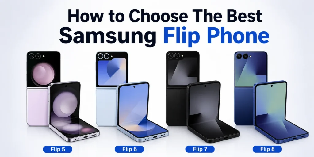 Comparison of Samsung Galaxy Z Flip 5, Flip 6, Flip 7, and Flip 8 showing folded and unfolded designs to help choose the best Samsung flip phone.
