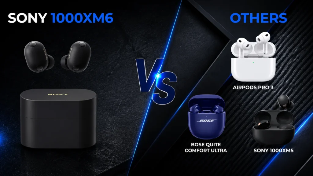 Sony WF-1000XM6 vs AirPods Pro 3, Bose QC Ultra, and Sony WF-1000XM5 earbuds comparison graphic.
