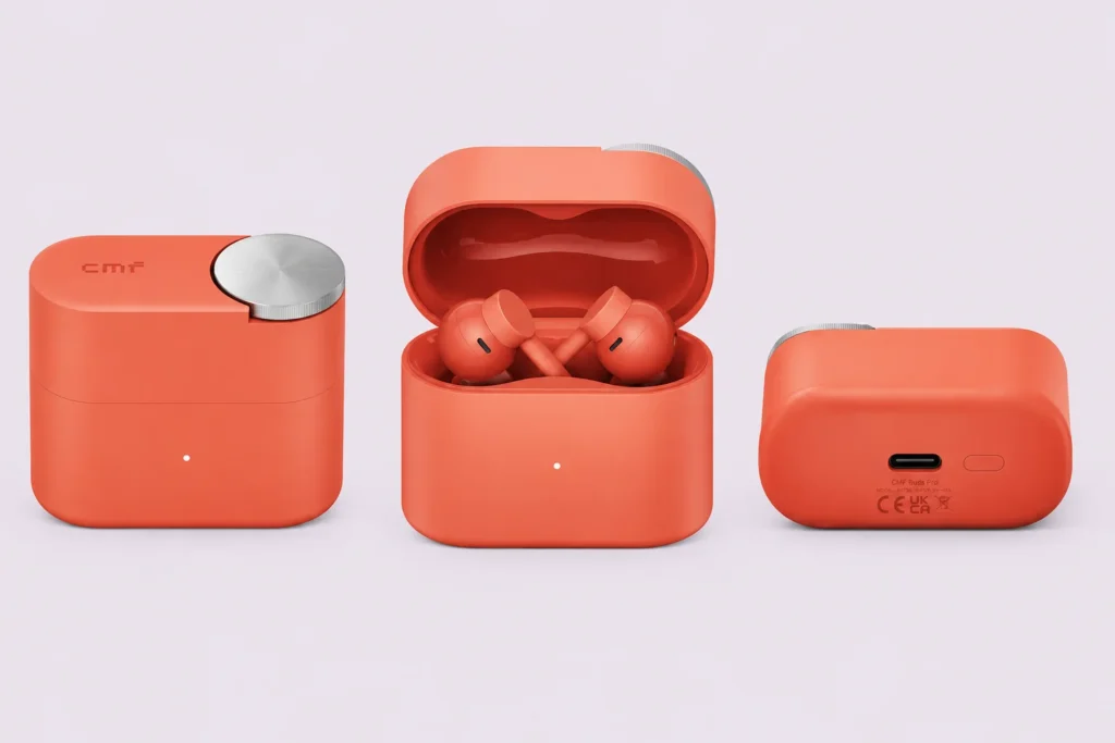 CMF Clip Pro orange charging case shown closed, open with earbuds inside, and from the rear for a product overview