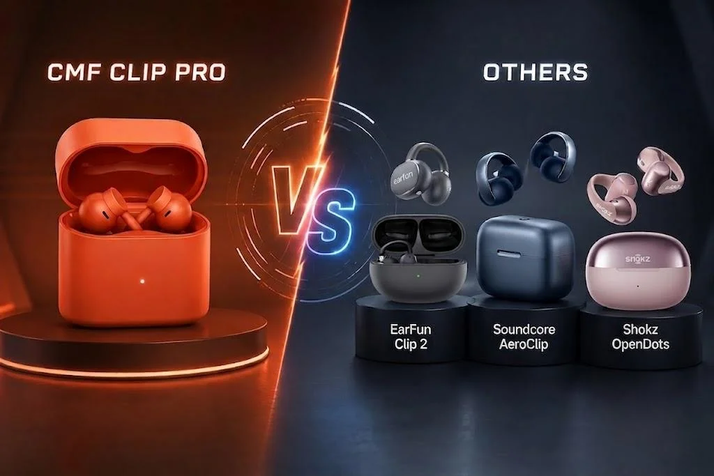 CMF Clip Pro vs EarFun Clip 2, Soundcore AeroClip, and Shokz OpenDots comparison.
