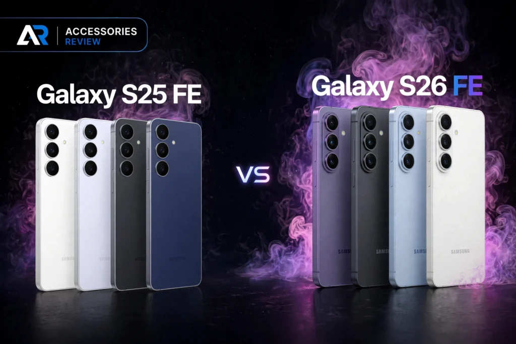 Samsung Galaxy S25 FE and Galaxy S26 FE smartphones compared side by side in a dramatic purple smoke background.